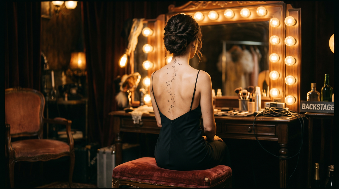 Tatouages style Rihanna - cascade d'étoiles dans la nuque sur dos féminin, ambiance backstage glamour