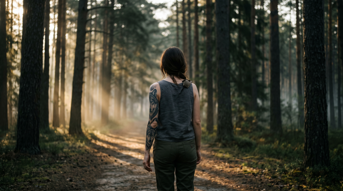 Femme de dos dans une forêt brumeuse avec un tatouage loup réaliste sur l'épaule
