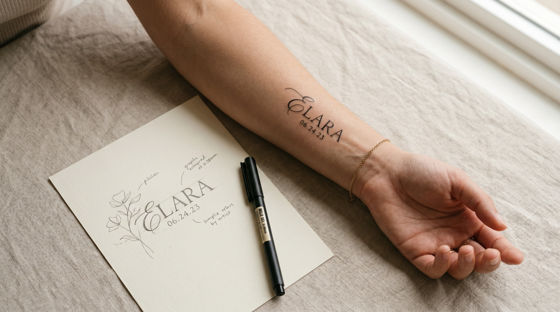 Tatouage éphémère personnalisé prénom et date en fineline sur l'avant-bras