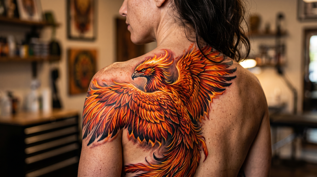 Tatouage phénix réaliste aux plumes de feu sur l'épaule