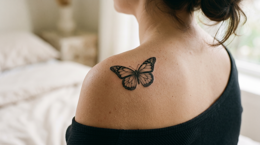 Tatouage papillon fineline ultra-réaliste sur l'épaule
