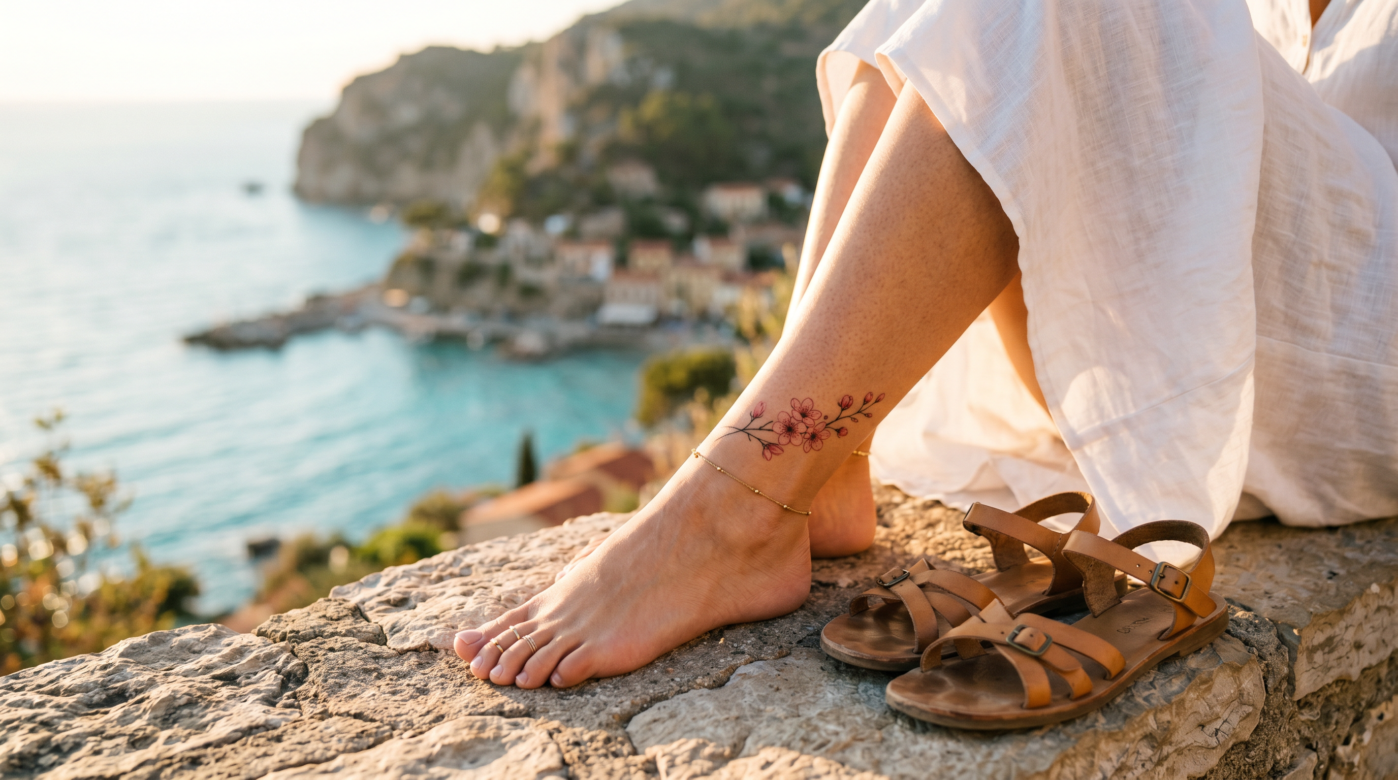 Tatouage cheville femme : bracelet floral fineline sur une cheville au soleil, ambiance été bord de mer
