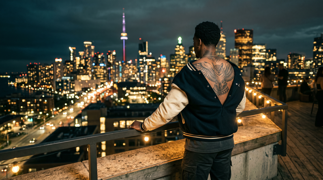 Homme de dos avec un grand tatouage chouette dans une ambiance urbaine nocturne inspirée de Toronto