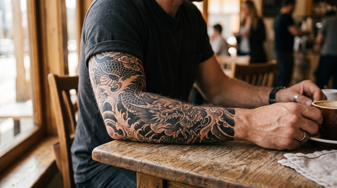 Tatouage sleeve éphémère réaliste dragon japonais et vagues sur bras homme