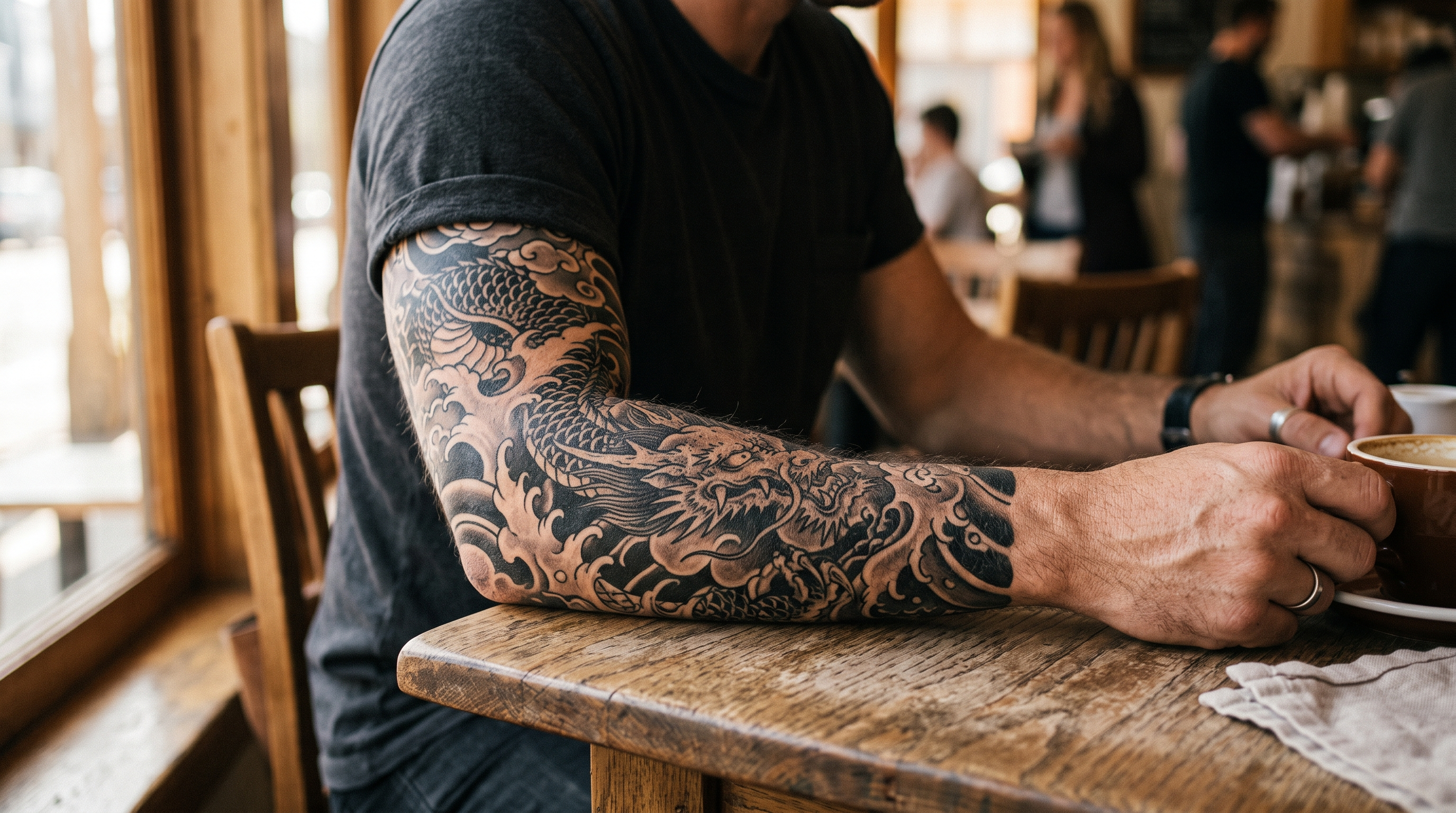 Tatouage sleeve éphémère réaliste dragon japonais et vagues sur bras homme