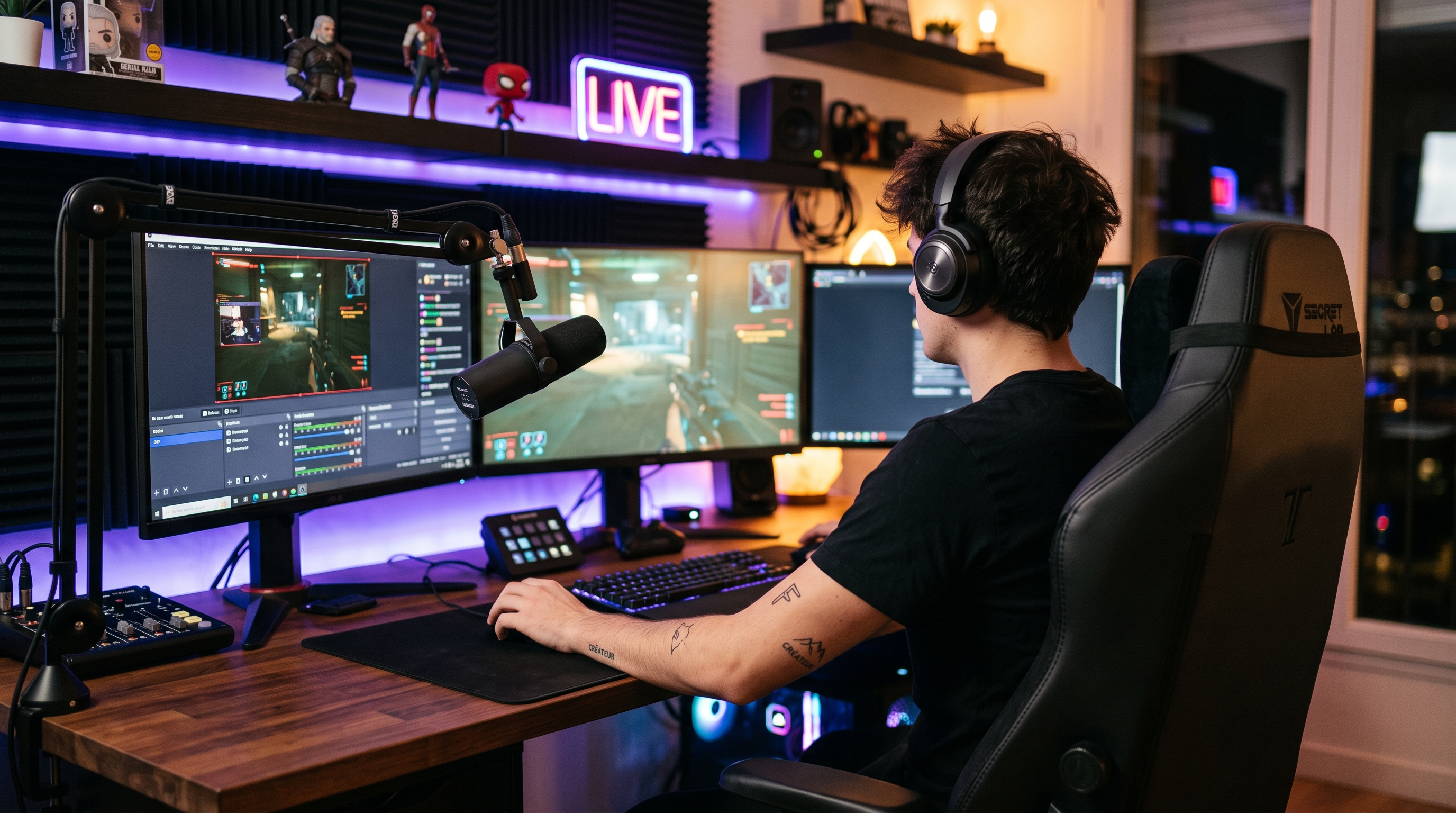 Créateur de contenu tatoué de dos devant un setup gaming néon, ambiance streaming inspirée de Squeezie