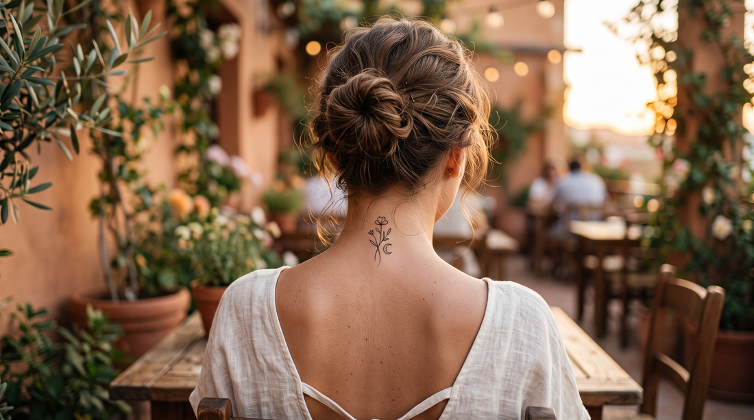 Tatouage nuque femme fineline : petite fleur et lune sur la nuque d'une femme aux cheveux relevés