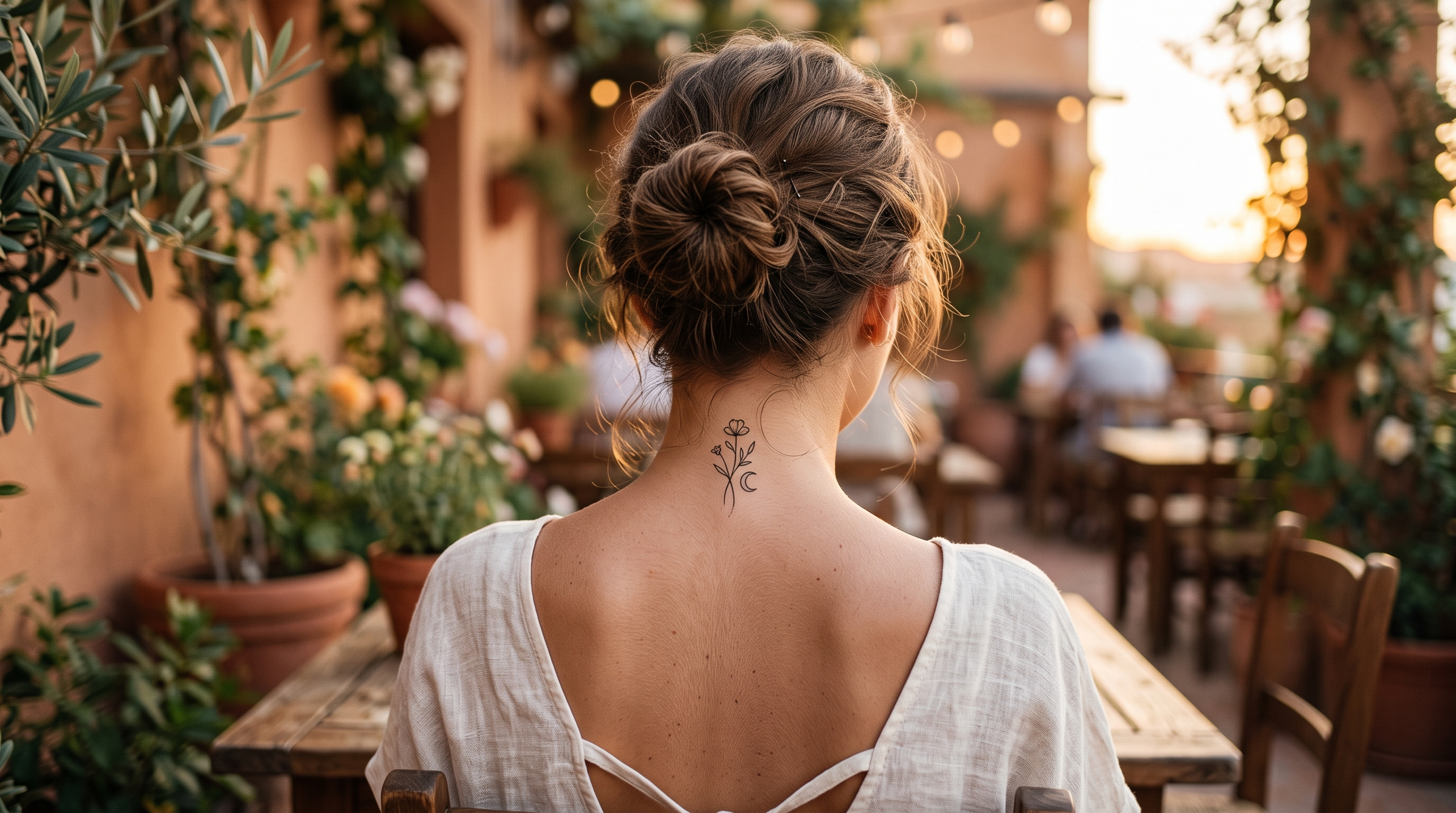 Tatouage nuque femme fineline : petite fleur et lune sur la nuque d'une femme aux cheveux relevés
