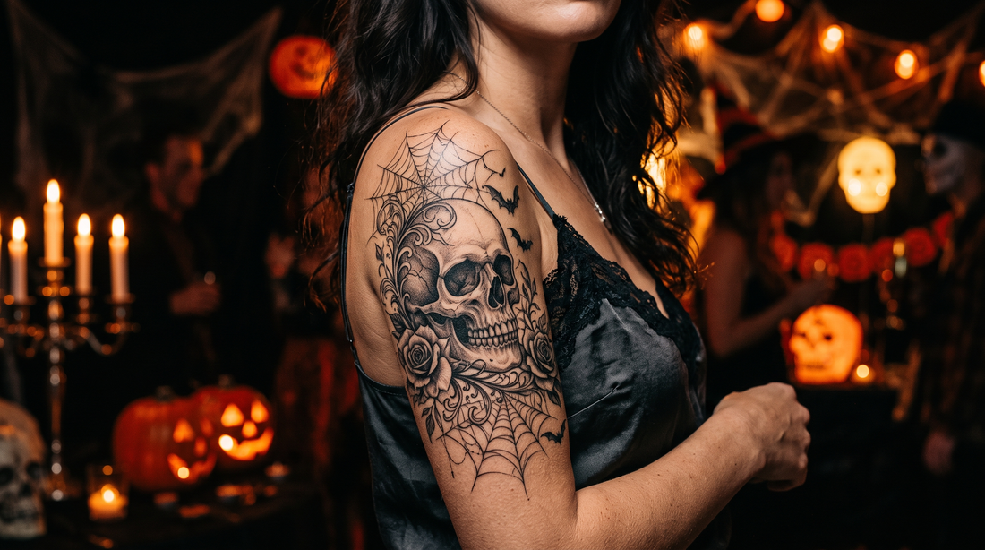 Tatouage éphémère Halloween crâne gothique et toile d'araignée sur un bras en ambiance de soirée