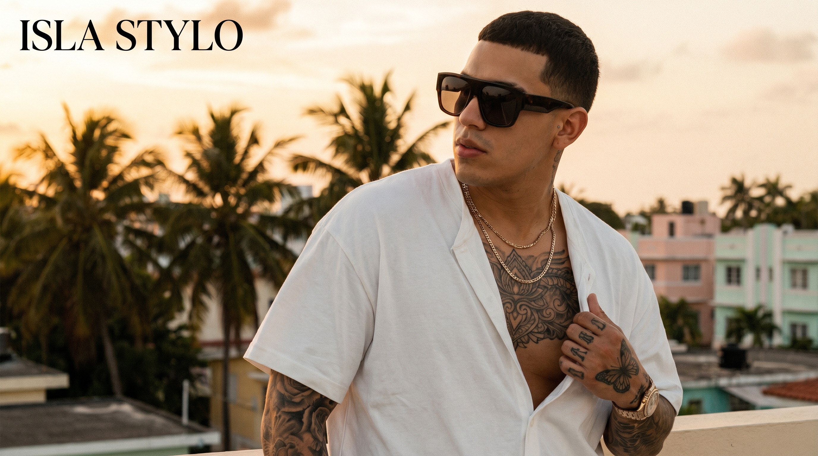 Homme avec tatouages style Bad Bunny - papillon, cœur, chevaux - sur fond tropical caribéen au coucher du soleil