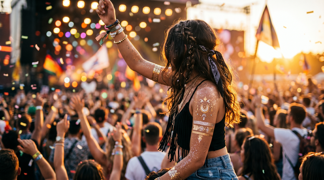 Tatouage festival métallique doré et glitter sur une festivalière au coucher du soleil