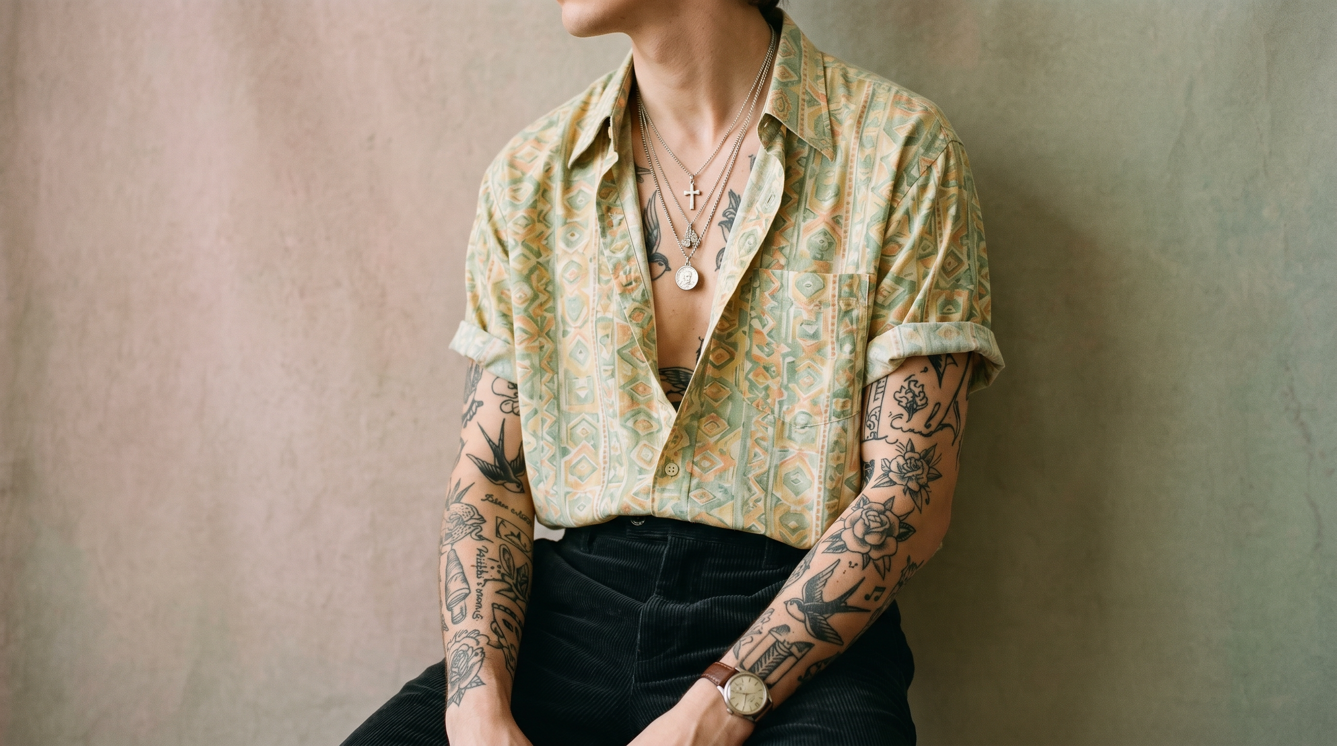 Tatouage Harry Styles : esthétique fineline noir et blanc sur les bras et le torse