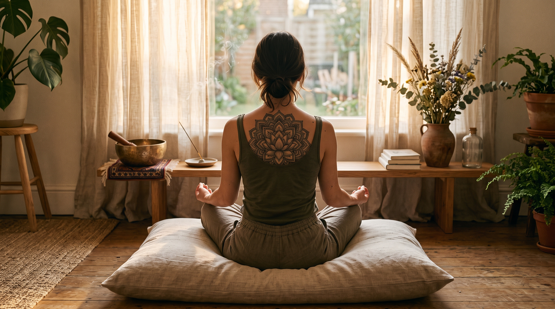 Femme de dos avec un grand tatouage mandala entre les omoplates dans un espace de méditation