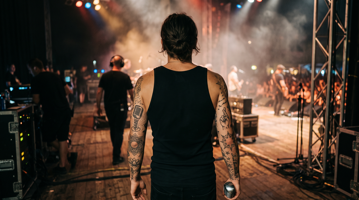 Homme de dos aux bras tatoués tenant un micro en coulisses de concert, inspiration tatouage Zayn Malik