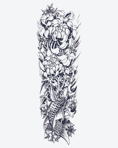 Tatouage temporaire Carpe et Fleurs 17x48cm - SimpleTatt