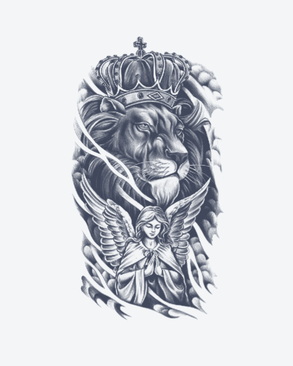 Tatouage temporaire Lion Couronné et Ange 11x18cm - SimpleTatt