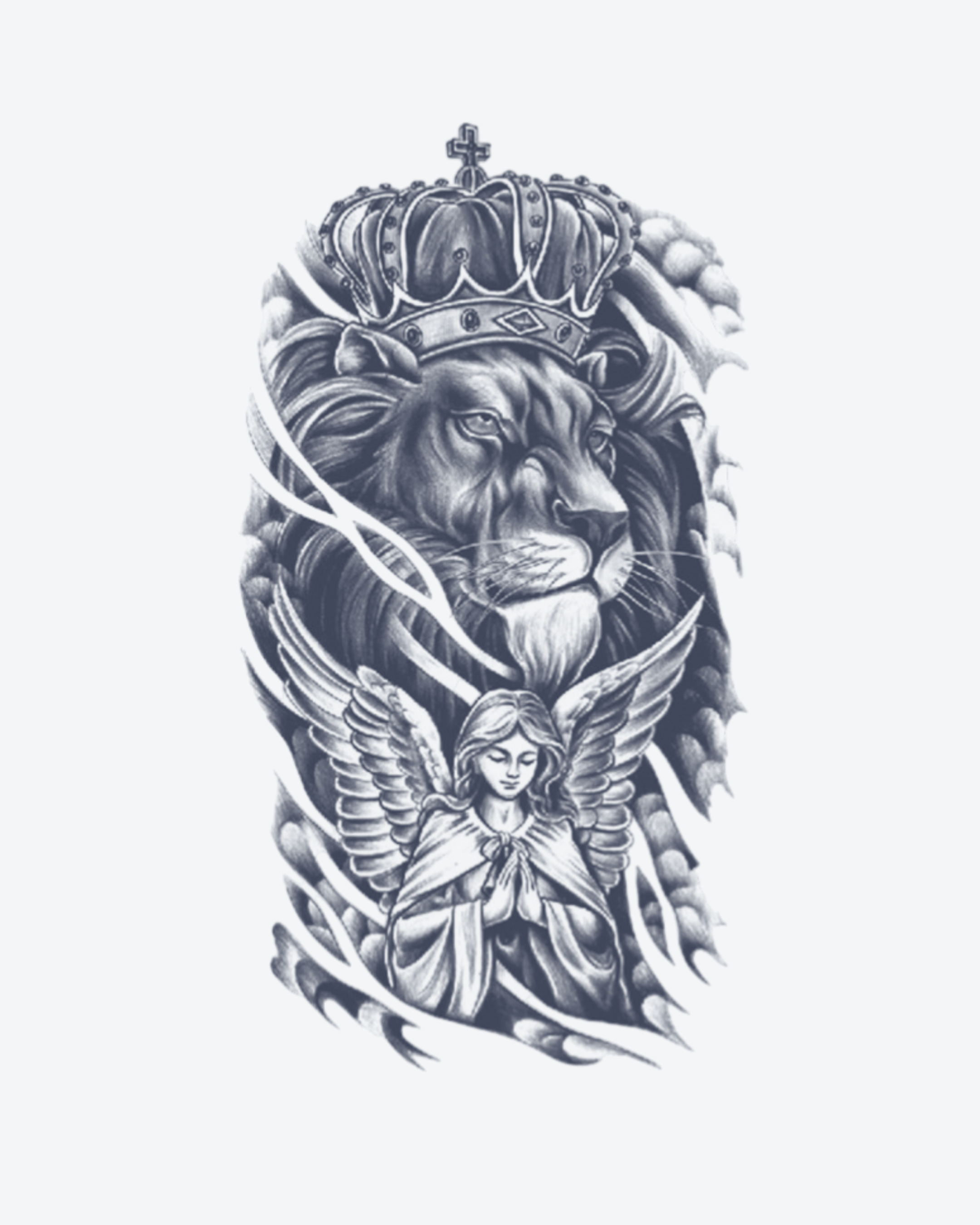 Tatouage temporaire Lion Couronné et Ange 11x18cm - SimpleTatt