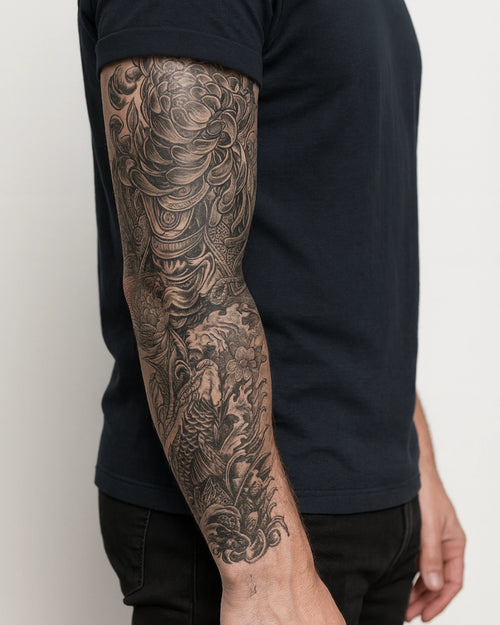 Tatouage temporaire Samouraï Koi 17x48cm - SimpleTatt