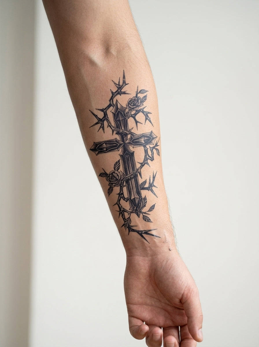 Tatouage Croix Épineuse appliqué sur avant-bras