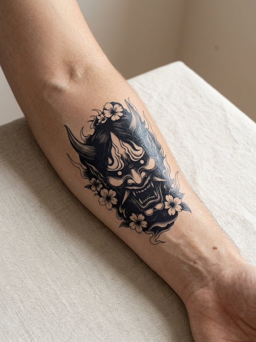 Tatouage Masque Hannya Fleuri appliqué sur avant-bras