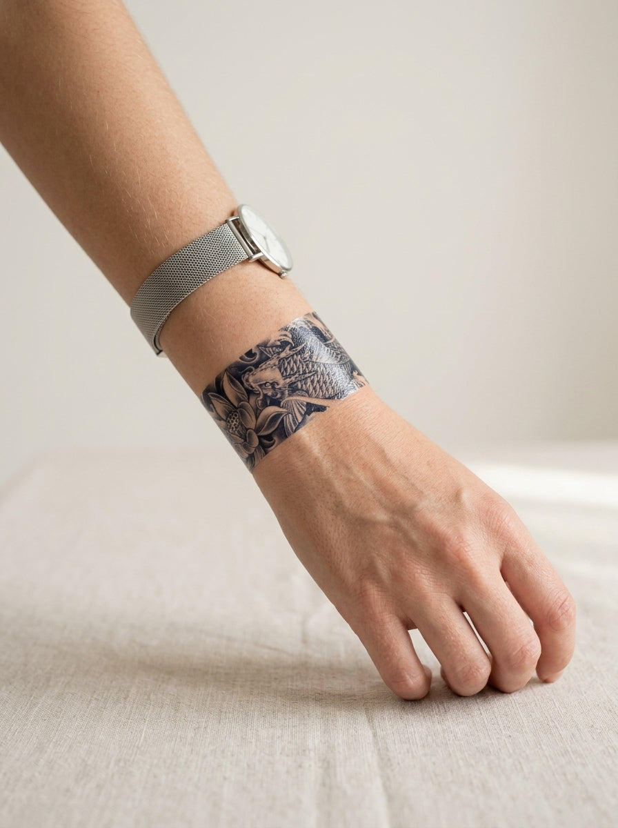 Tatouage Bracelet Dragon Aquatique appliqué sur poignet