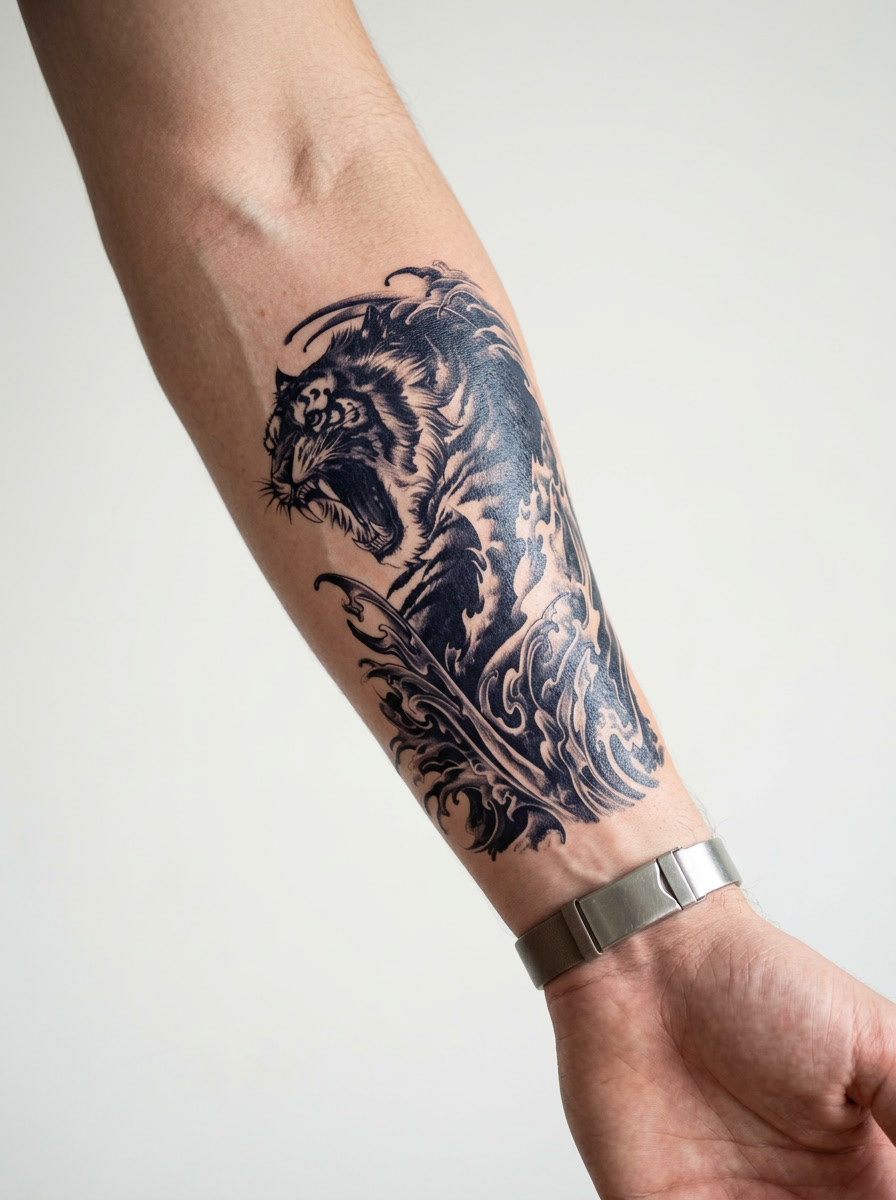 Tatouage Tigre Grondant appliqué sur avant-bras