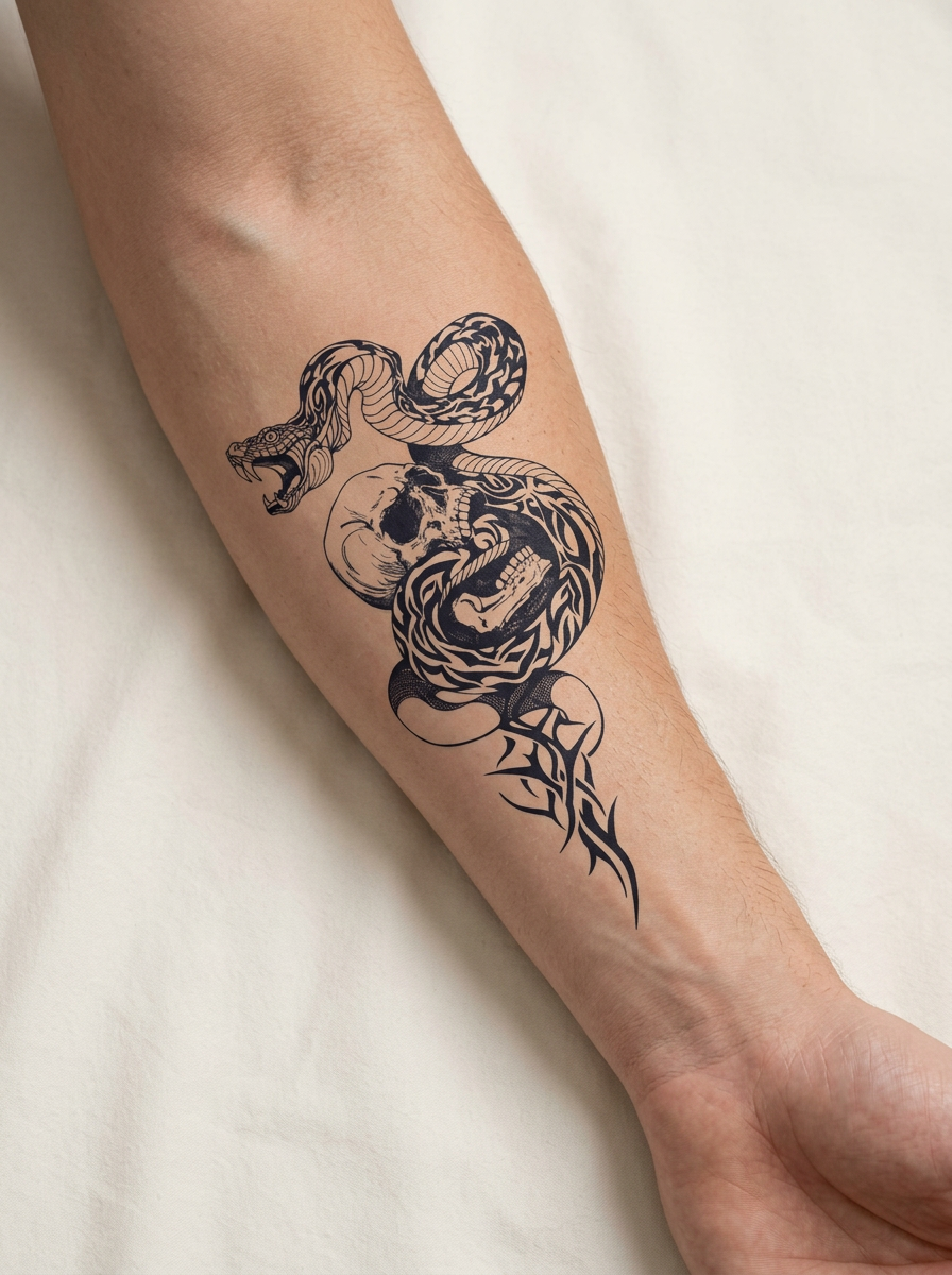 Tatouage Serpent du Crâne appliqué sur avant-bras