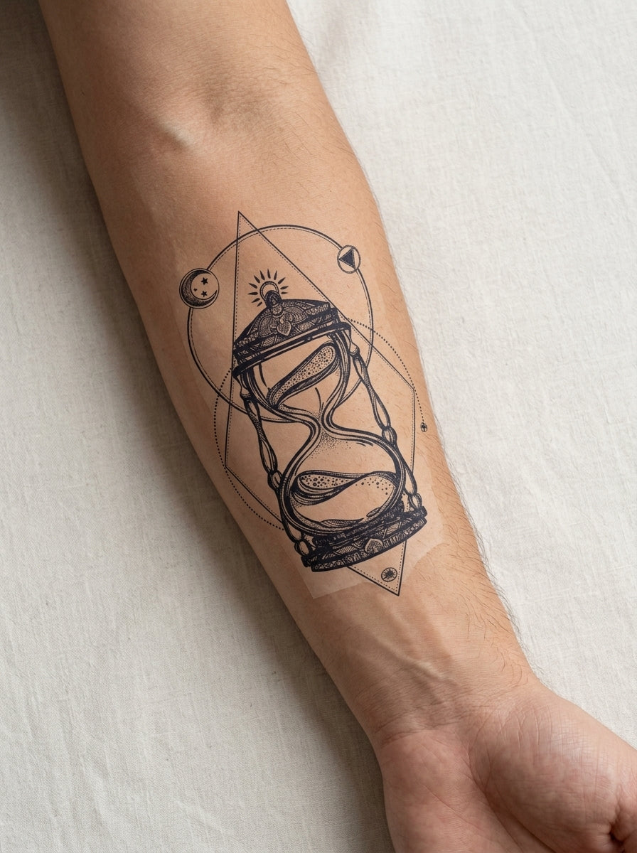 Tatouage Sablier Cosmique appliqué sur avant-bras