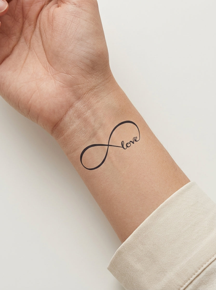 Tatouage Infini Love appliqué sur poignet