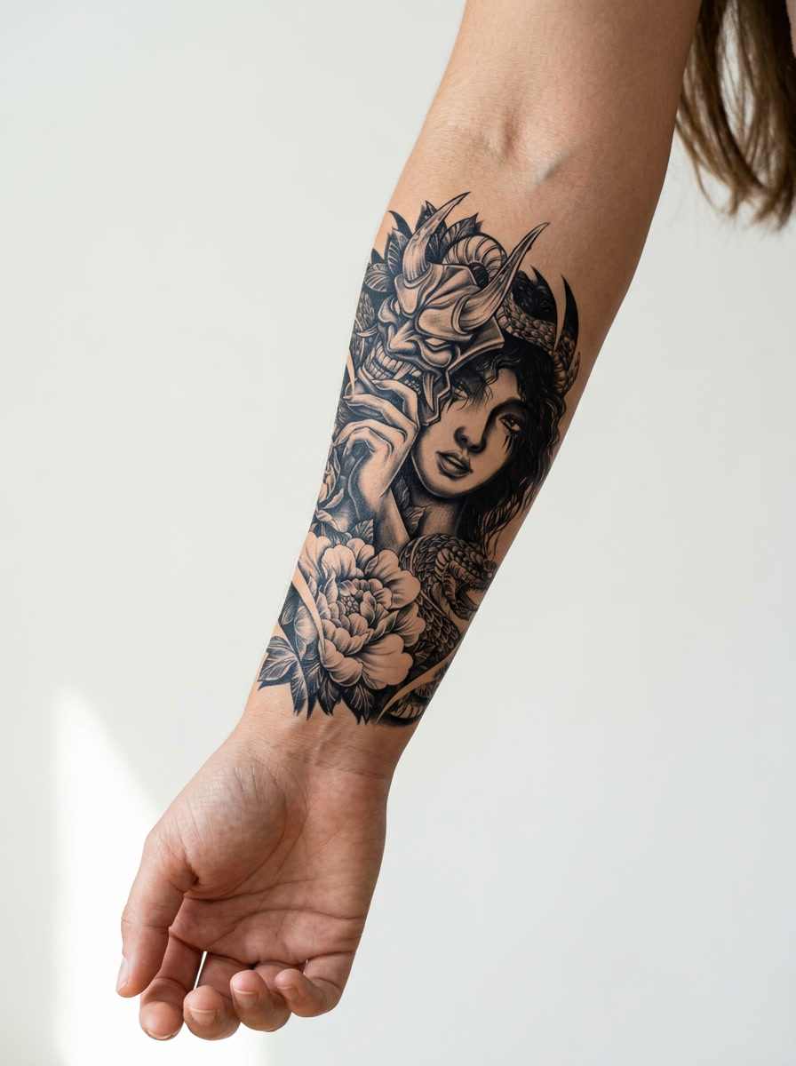 Tatouage Masque et Rose appliqué sur avant-bras