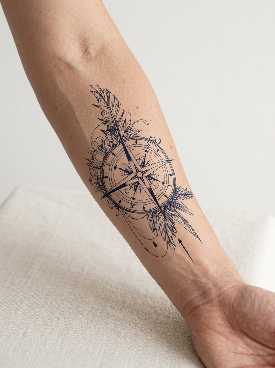Tatouage Boussole Plume appliqué sur avant-bras