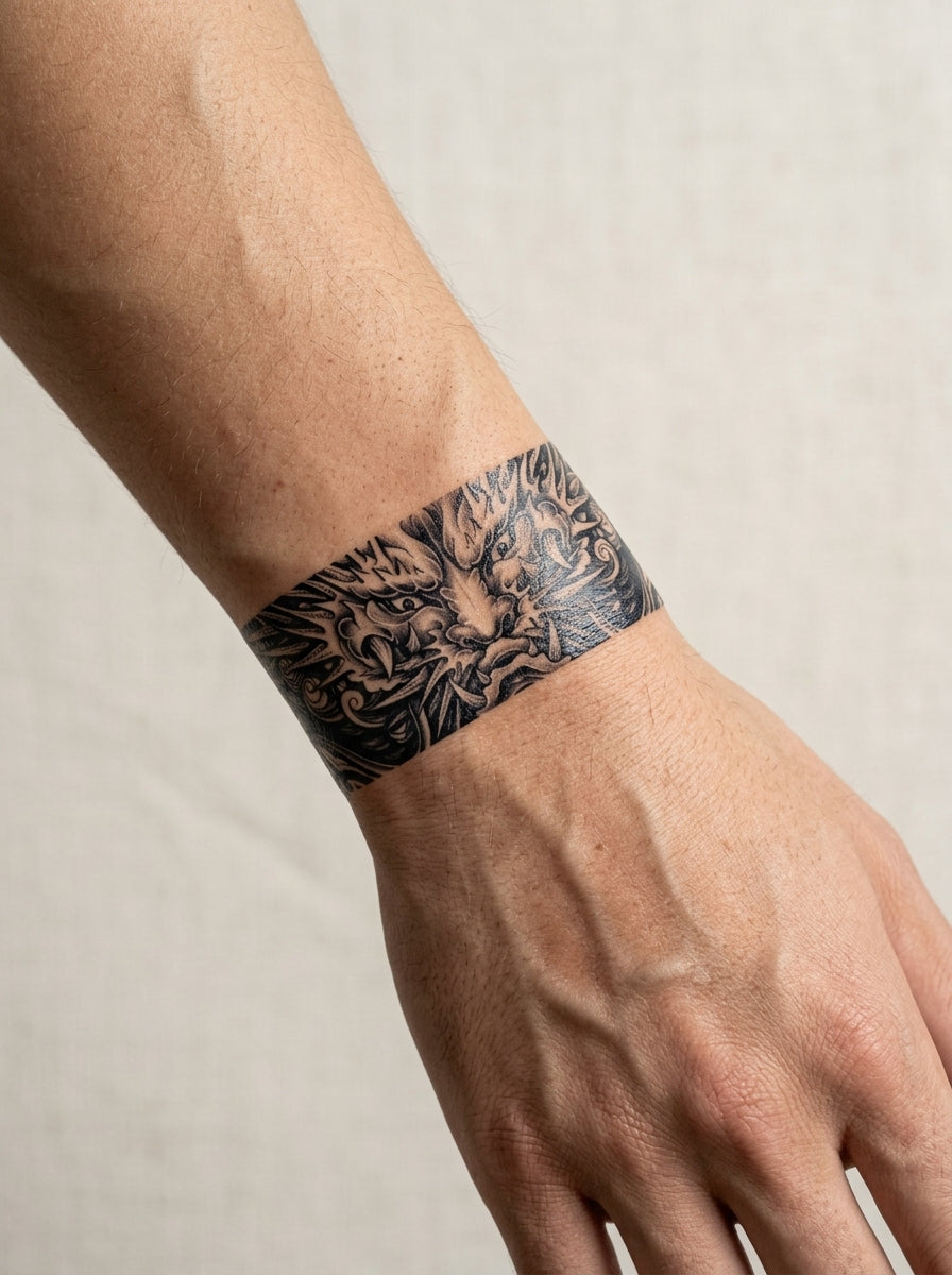 Tatouage Bracelet Tigre Sacré appliqué sur poignet