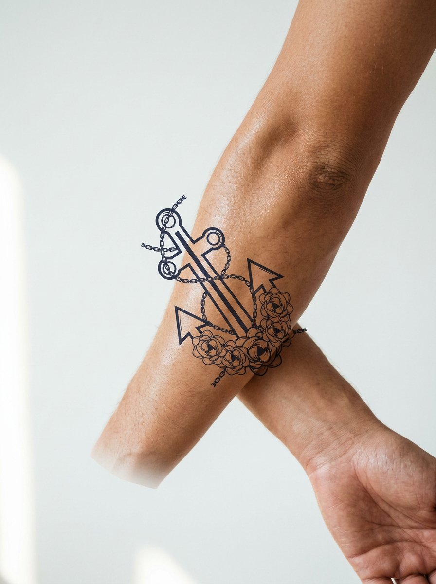 Tatouage Ancre et Roses appliqué sur avant-bras