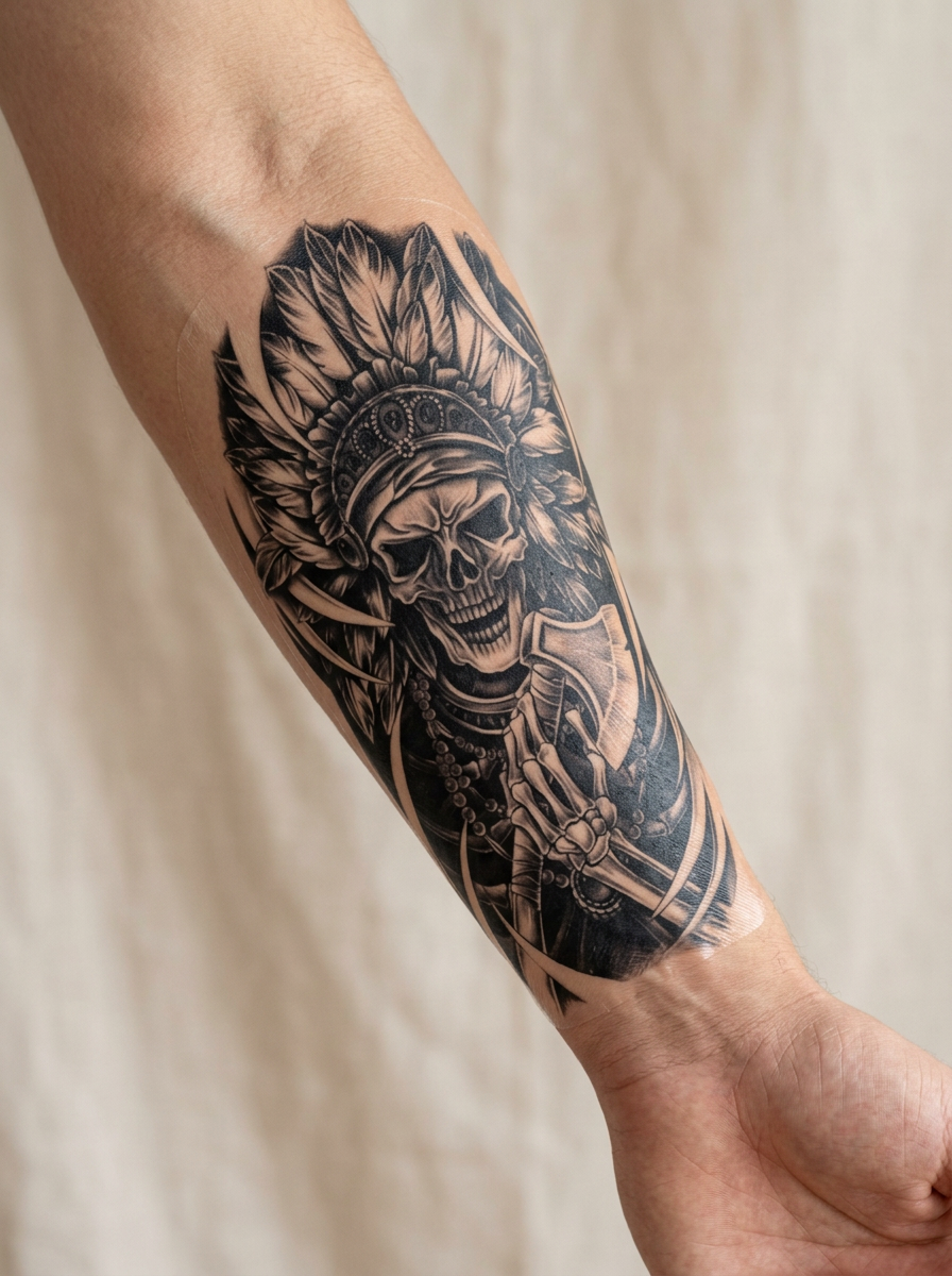 Tatouage Guerrier Indien appliqué sur avant-bras