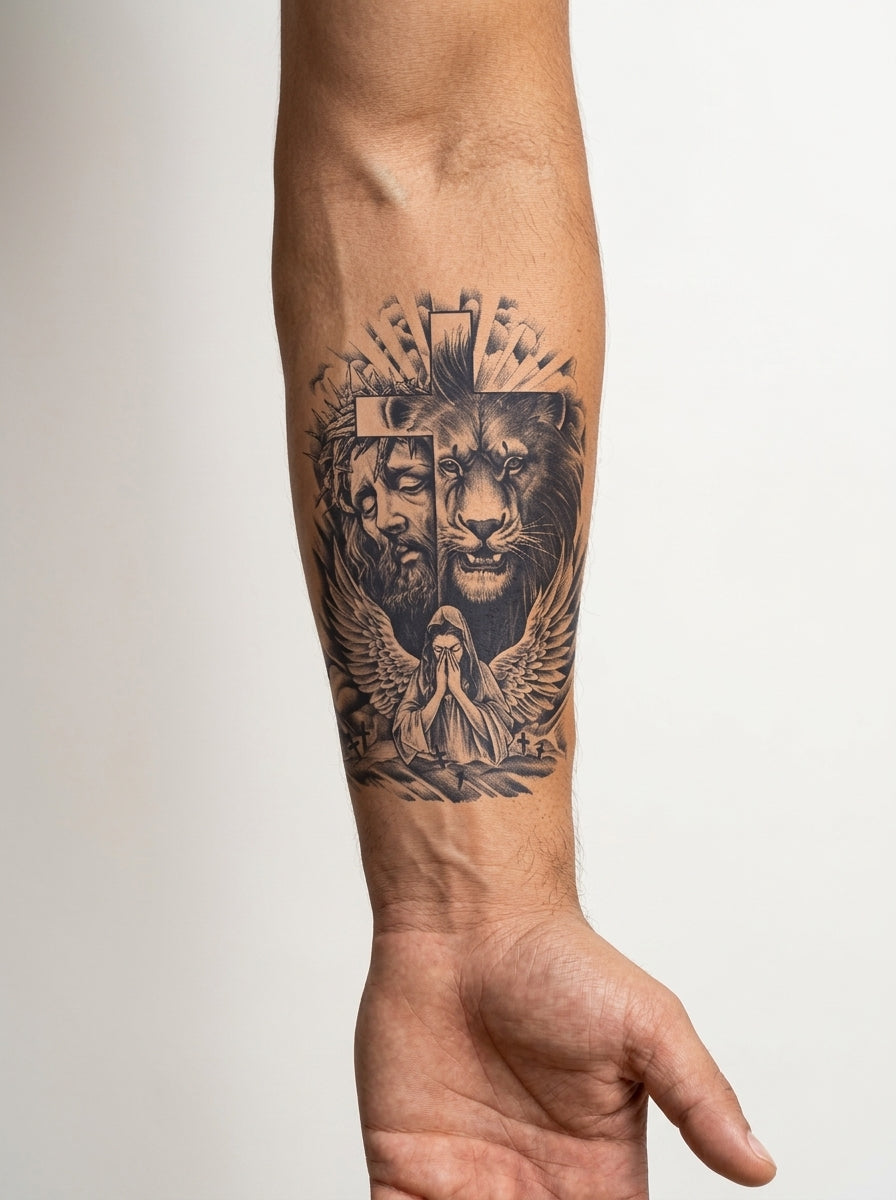 Tatouage Croix et Lion Sacré appliqué sur avant-bras