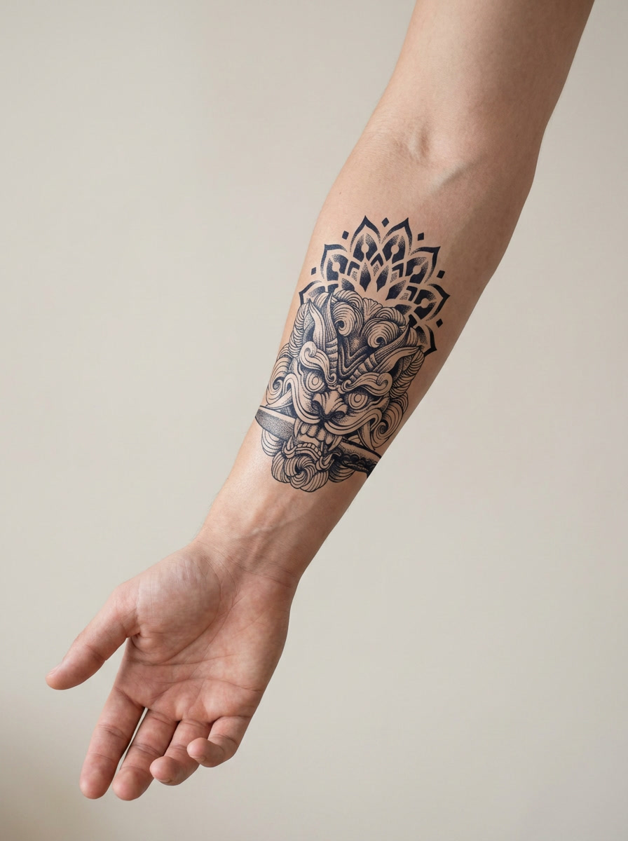 Tatouage Masque Guerrier appliqué sur avant-bras