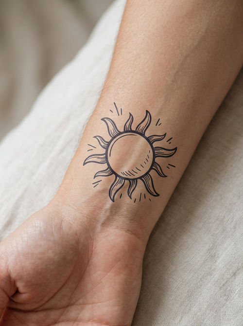 Tatouage Soleil Sketch appliqué sur poignet