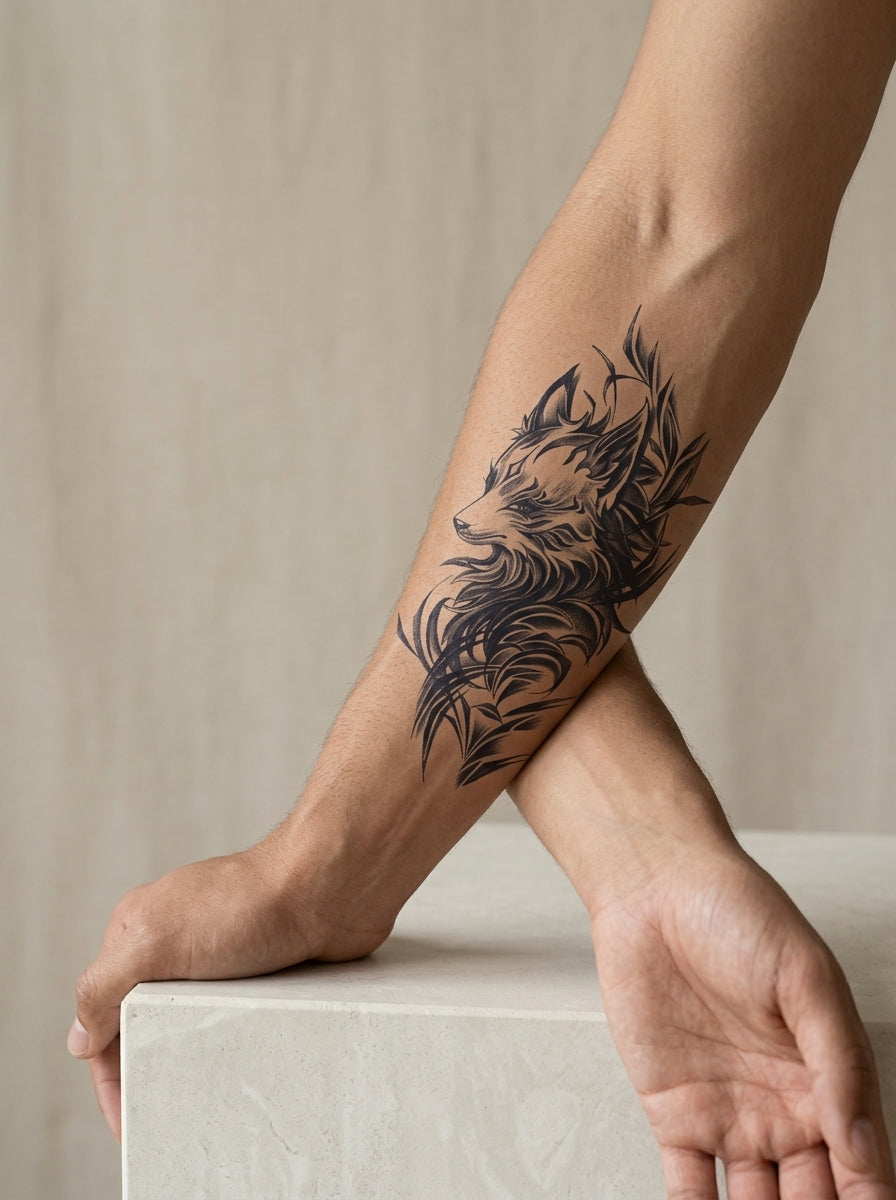 Tatouage Loup Élégant appliqué sur avant-bras