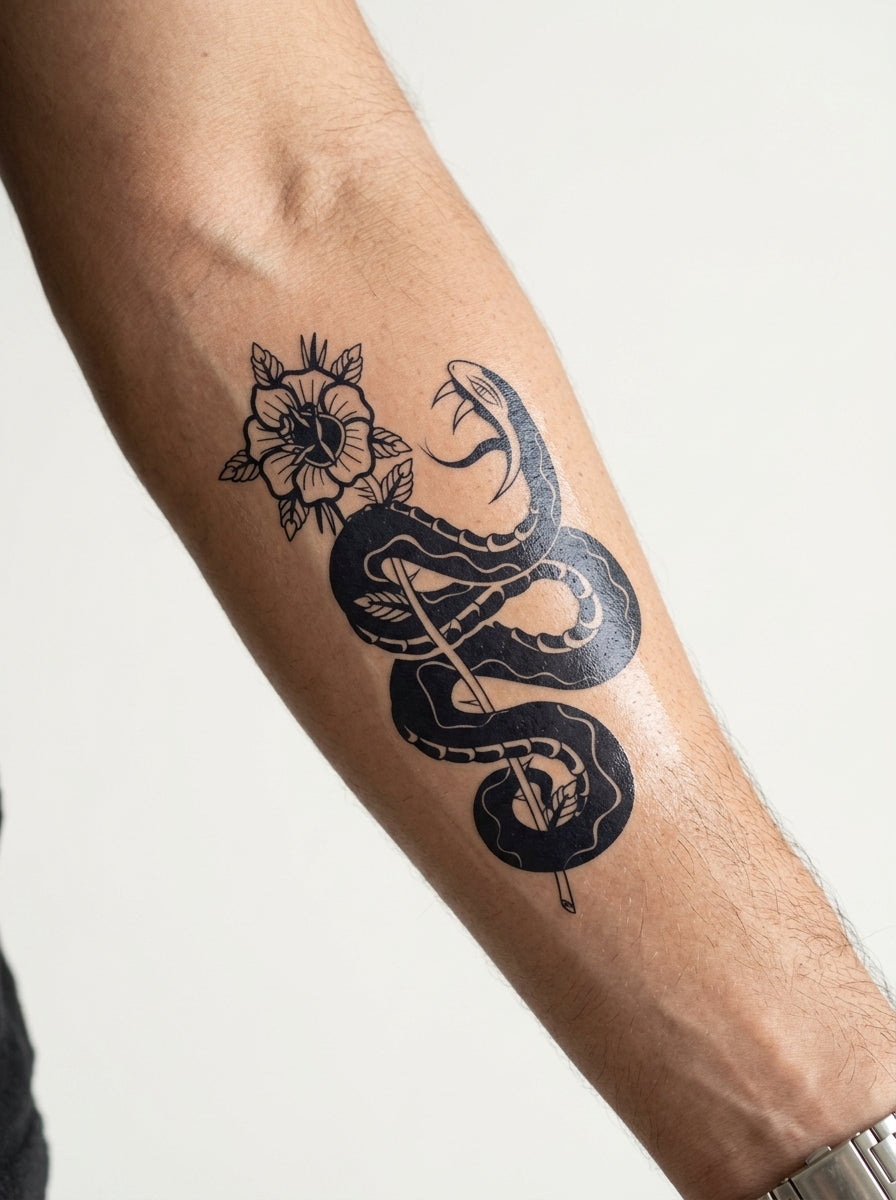 Tatouage Serpent et Fleur appliqué sur avant-bras