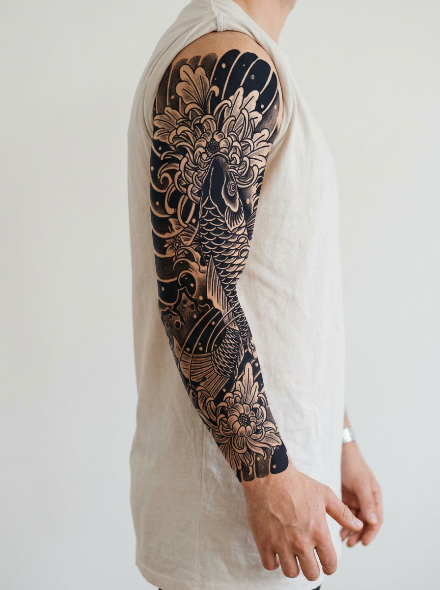 Tatouage Carpe Sacrée appliqué sur bras