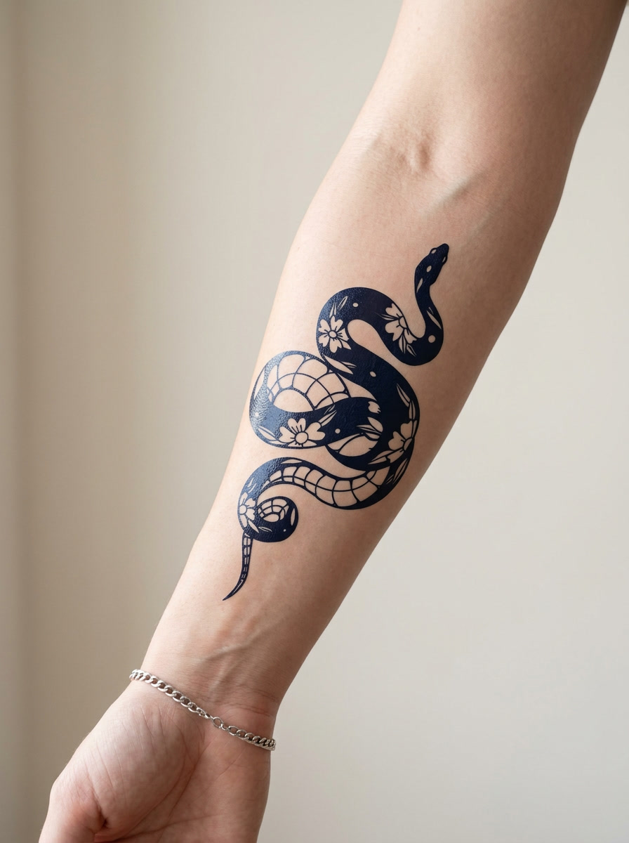 Tatouage Serpent Fleuri appliqué sur avant-bras
