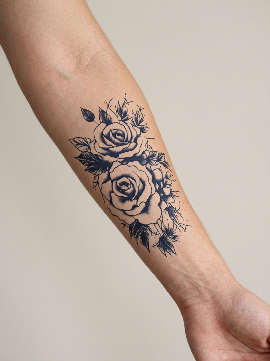 Tatouage Roses Épineuses appliqué sur avant-bras