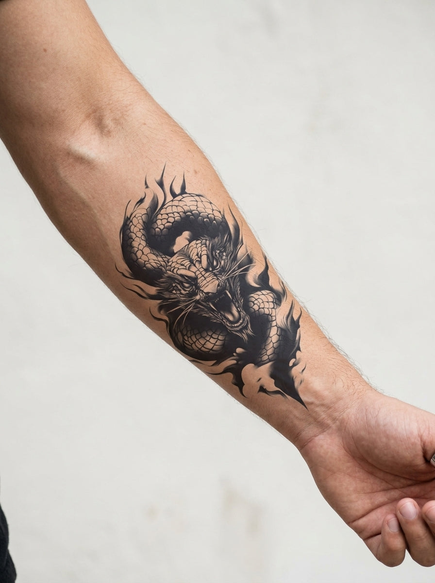 Tatouage Dragon Rugissant appliqué sur avant-bras