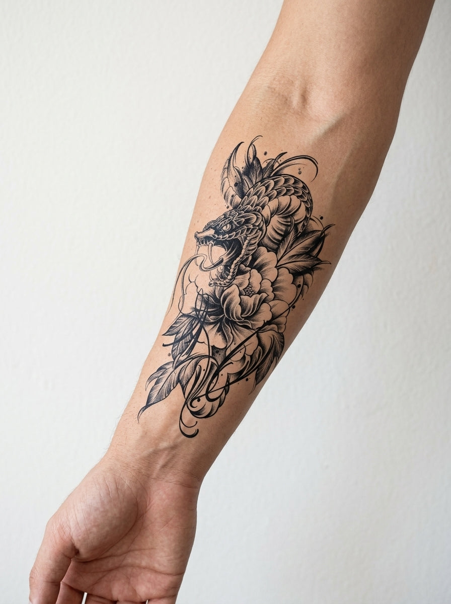 Tatouage Dragon Guerrier appliqué sur avant-bras