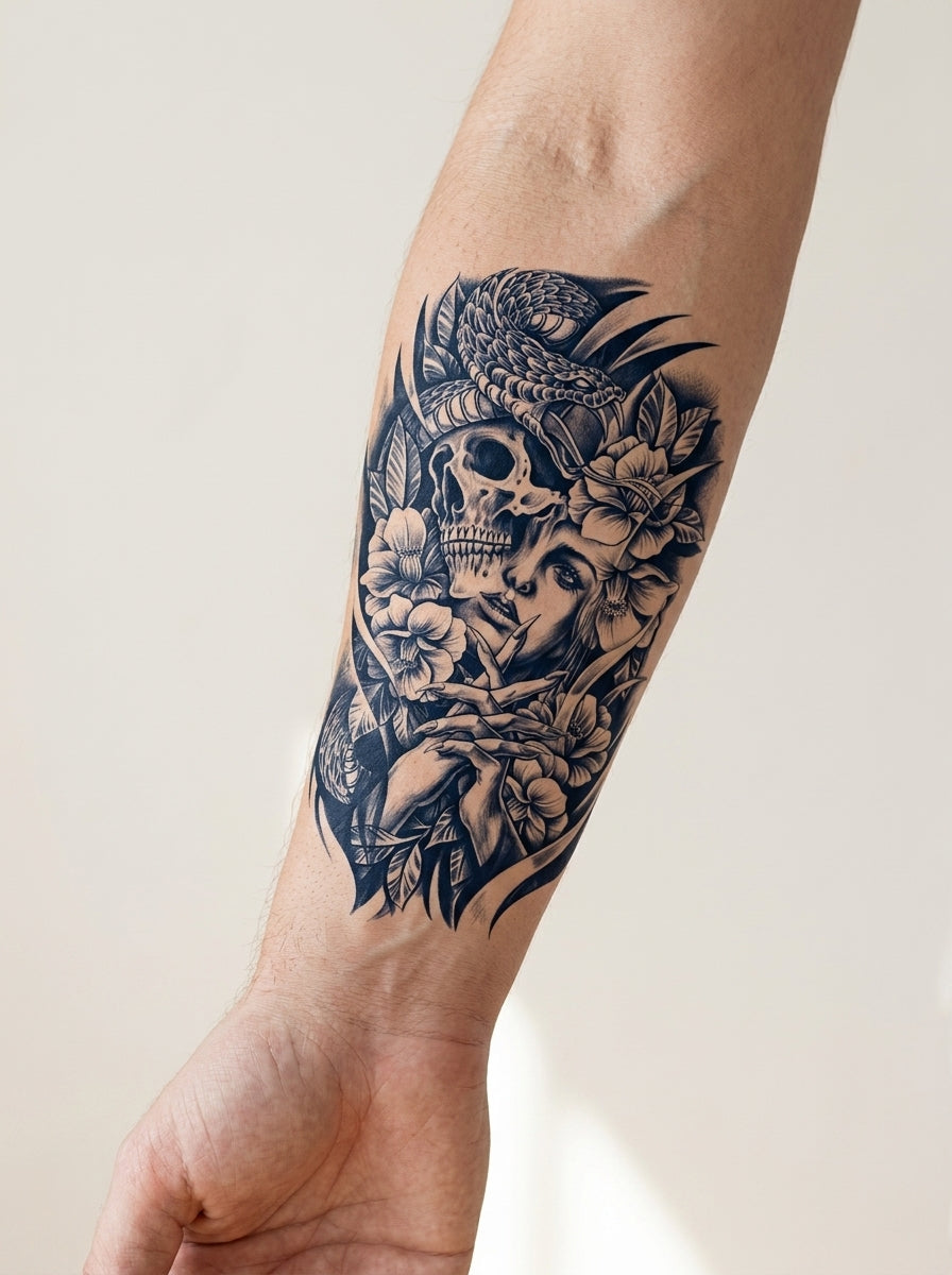 Tatouage Beauté et Crâne appliqué sur avant-bras