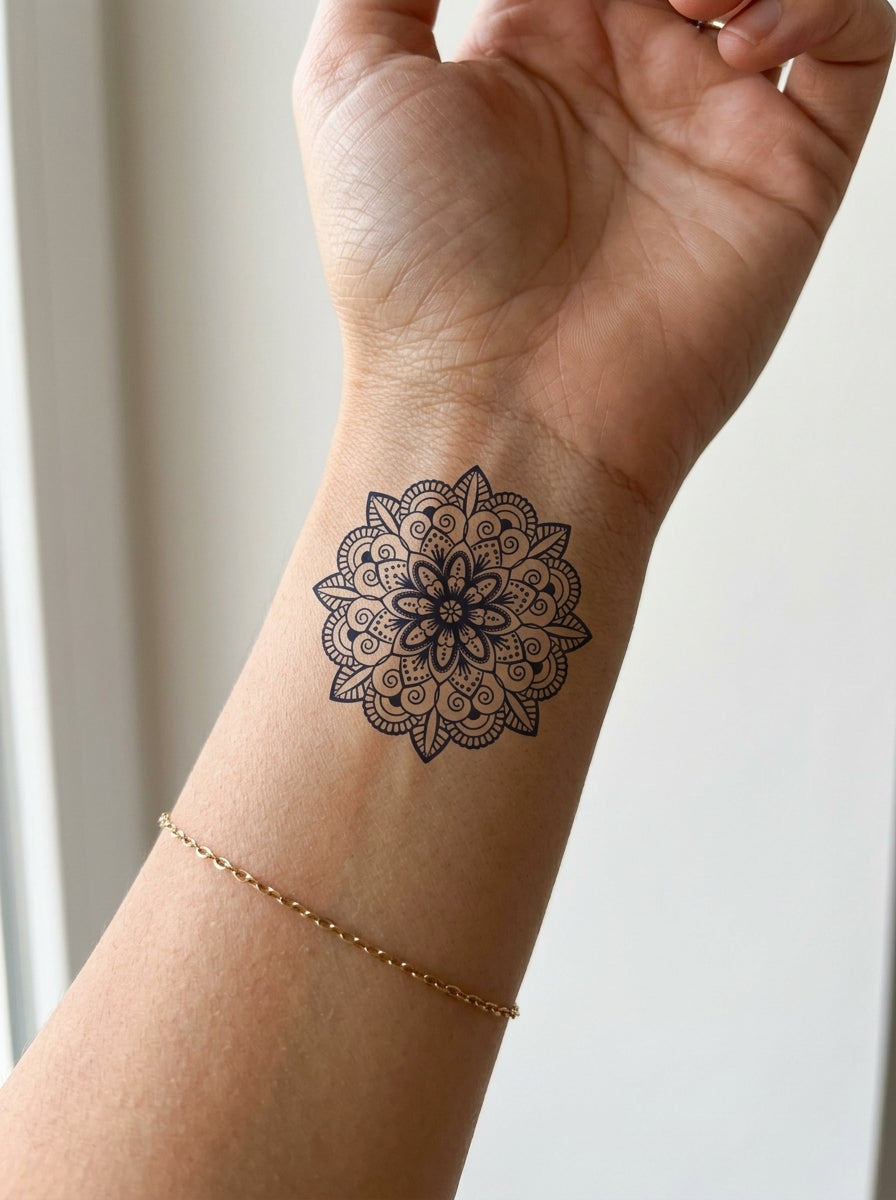 Tatouage Mandala Zen appliqué sur poignet
