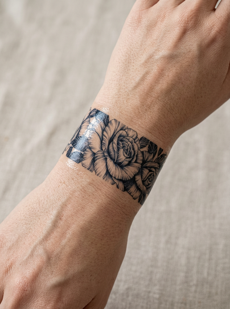 Tatouage Bracelet Roses Sombres appliqué sur poignet
