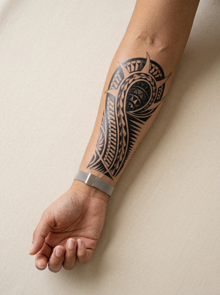 Tatouage Courbe Ancestrale appliqué sur avant-bras