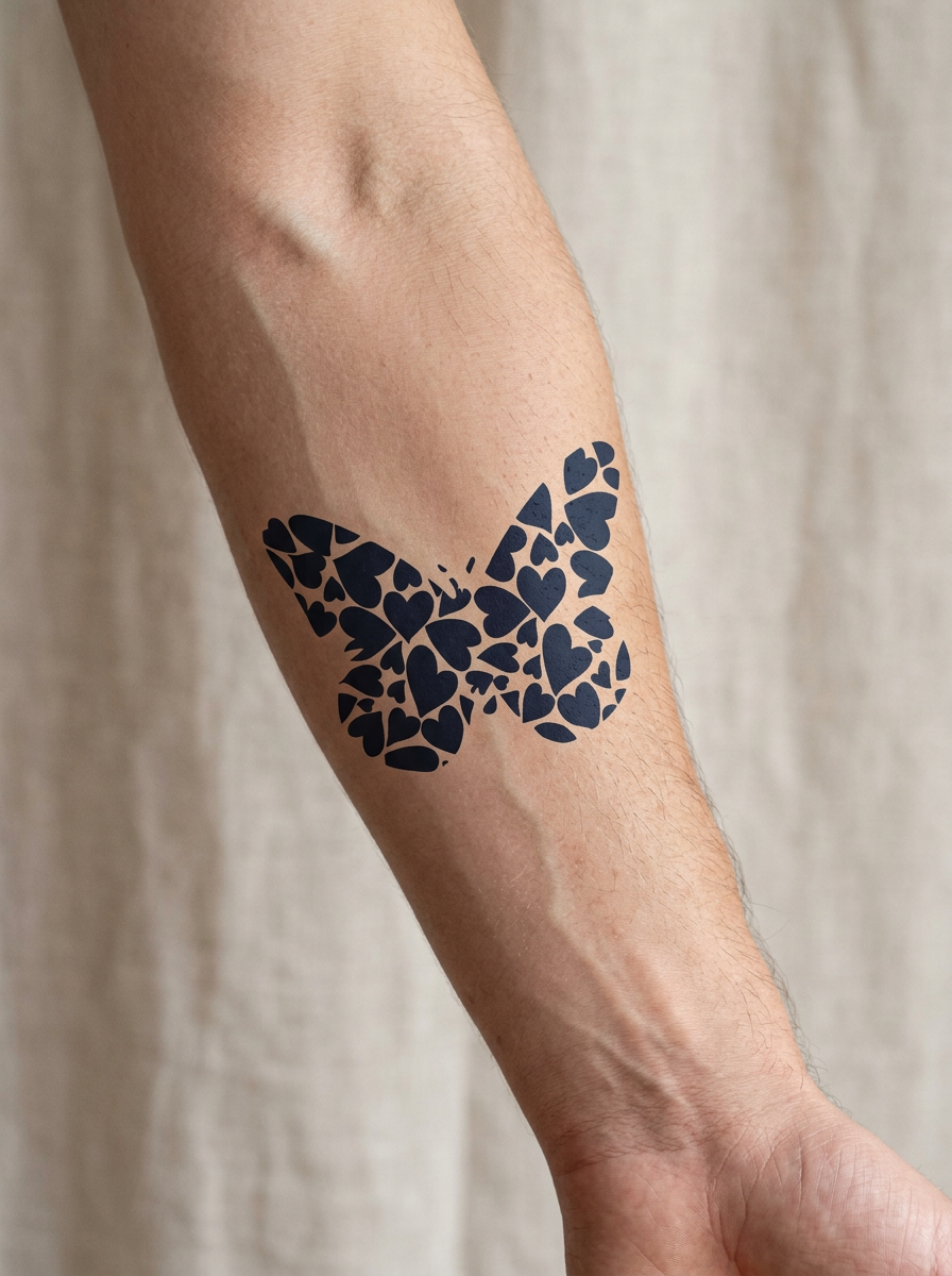 Tatouage Papillon de Cœurs appliqué sur avant-bras