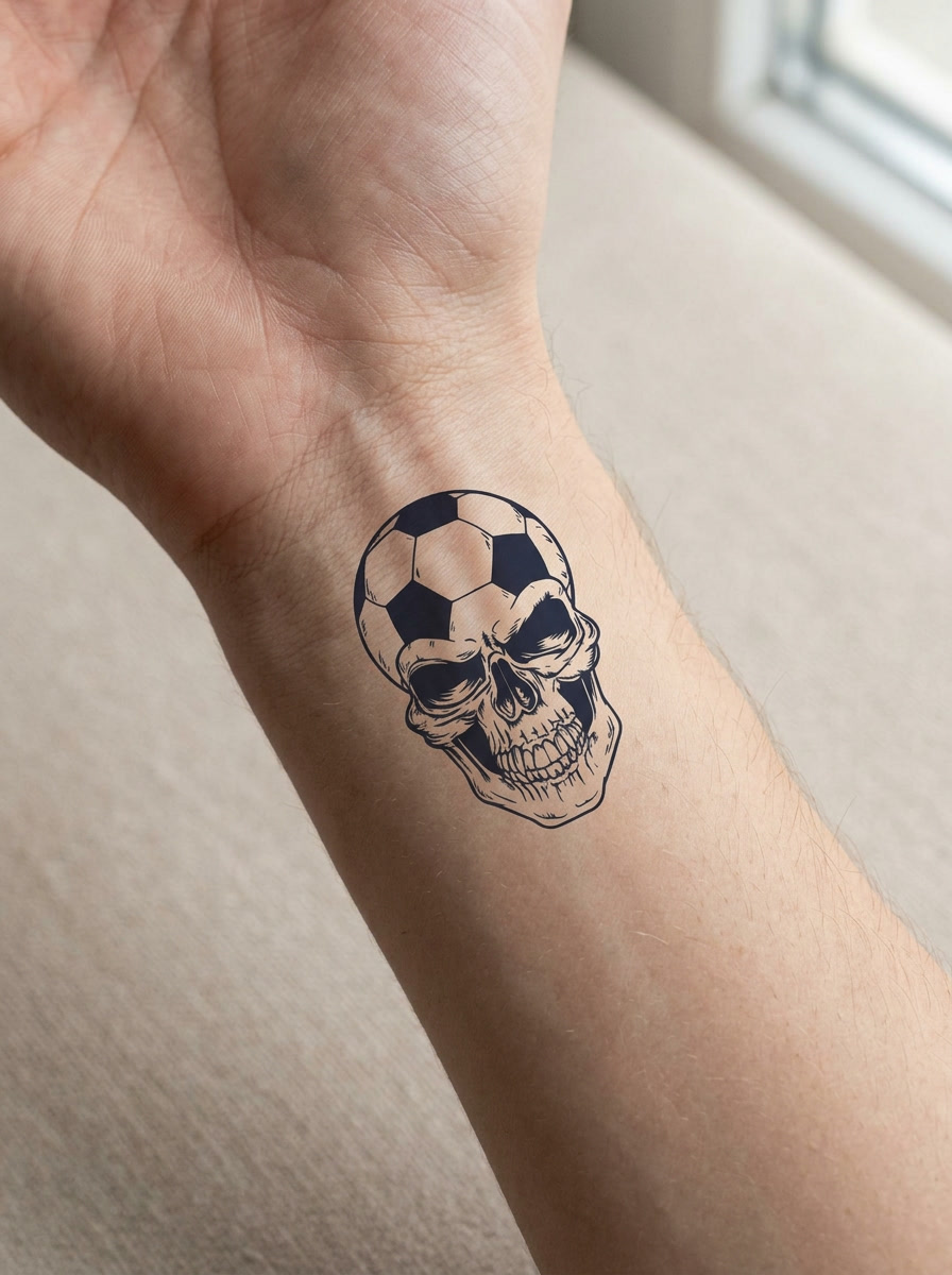 Tatouage Crâne Football appliqué sur poignet